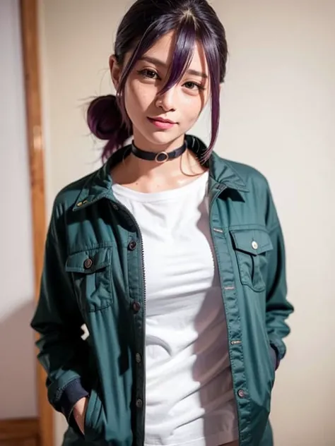 [:(highly detail face: 1.2):0.2], <lora:RezeChainsawMan_RezeChainsawMan:0.8>, <lora:koreanDollLikeness_v10:0.15>, best quality, ultra high res,8k, RAW photo, photographed on a Canon EOS R5, 50mm lens, F/2.8, HDR, 8k resolution, ulzzang-6500, 35 years old, (photorealistic:1.4), 1girl,  (aegyo sal:1), messy hair, choker, ribbons, ((puffy eyes)), looking at viewer, (night), gym, black hard shell winter jacket, body covered,  purple hair, smiling, pockets, grey jeans, insufficient lighting, piercing, (soviet:1.2), professional lighting, [freckles], pink on face, green_pupils, military, sweat, wet hair, tanned,