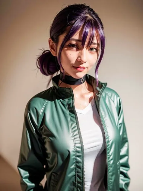 [:(highly detail face: 1.2):0.2], <lora:RezeChainsawMan_RezeChainsawMan:0.8>, <lora:koreanDollLikeness_v10:0.15>, best quality, ultra high res,8k, RAW photo, photographed on a Canon EOS R5, 50mm lens, F/2.8, HDR, 8k resolution, ulzzang-6500, 35 years old, (photorealistic:1.4), 1girl,  (aegyo sal:1), messy hair, choker, ribbons, ((puffy eyes)), looking at viewer, (night), gym, black hard shell winter jacket, body covered,  purple hair, smiling, pockets, grey jeans, insufficient lighting, piercing, (soviet:1.2), professional lighting, [freckles], pink on face, green_pupils, military, sweat, wet hair, tanned,