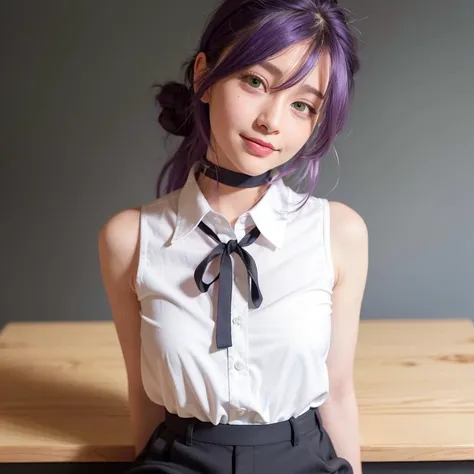 purple, purple hair, hair between eyes, green eyes, shirt, ((white shirt)),short tie, black tie, flower, white flower, flowers in hand,(best quality:1.0), (ultra highres:1.0), head focus, looking at viewer, selfie, 1 girl, very slim, detailed beautiful skin, pink on face,(blush), young girl, silver ring, ring chocker, black shorts, black pantyhose, pantyhose, school, classroom background, middle breasts, shy, cute, cute face, sweet, sweet smile, warm light