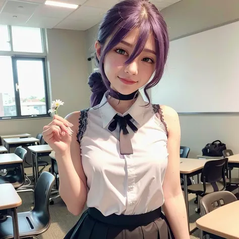 purple, purple hair, hair between eyes, green eyes, shirt, ((white shirt)), tie, black tie, flower, white flower, flowers in hand, (best quality:1.0), (ultra highres:1.0), head focus, selfie, 1 girl, very slim, detailed beautiful skin, pink on face,(blush), young girl, silver ring, ring chocker, black shorts, black pantyhose, pantyhose, school, classroom, classroom background, middle breasts, cute, cute face, sweet, sweet smile, warm light