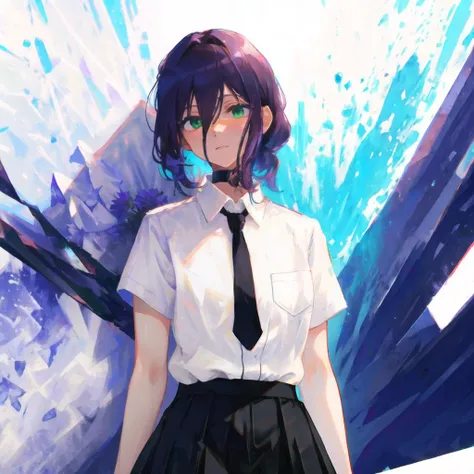<lora:Reze:0.85> ,cowboy shot,((white shirt)),short tie,black tie,1 girl,shy, cute,black skirt, [(white background:1.35)::0.6],negative space,green eyes, purple hair,indoors,night,<lora:LAS:0.8> ,holding_flower,holding_daisy,