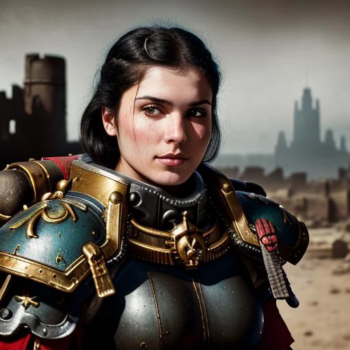 warhammer 40k, space marine, armor, adepta sororitas, RAW photo, a close up portrait photo of a 30 year old woman, background is city ruins, (high detailed skin:1.2), 8k uhd, dslr, soft lighting, high quality, film grain, Fujifilm XT3, highly detailed background <lora:warhammer40KSistersOf_2Rank8:1>