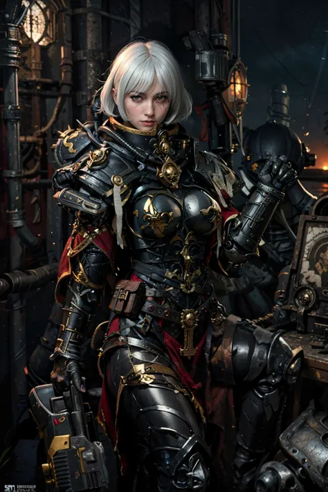 Masterpiece, Ultra-detailed Realistic {(young)} {adepta sororitas}, 1girl, {Solo}, Insane Detail, 8k Resolution, Warhammer40k, Science-Fiction, 3d Rendering, {Full Body Shot}, {Photorealistic}, Silver|White Hair, Blue eyes, Short hair, Layered Bob-cut hair style, Smile, realistic High detailed face, Cute, {slender fit-muscled body}, Medium Breasts, {{black} metal armor with (Gold Accents)}, dirty armor, Leg armor, knight, necklace, extreme detailed pattern, backpack, red and black cape, Science-Fiction City Ruins, Rubble, Collapsed Building, Nebula, Starry Sky, highly detailed, highly detailed background, perspective, bokeh, depth of field, ray tracing, professional, RAW photo, subsurface scattering, PBR texturing, post-processing, anisotropic filtering, maximum clarity and sharpness, multi-layered textures, Dynamic Lighting, Cinematic Lighting, <lora:WH40KSisters_V2rank8:0.5>
<lora:whsororitas_v4:0.5>