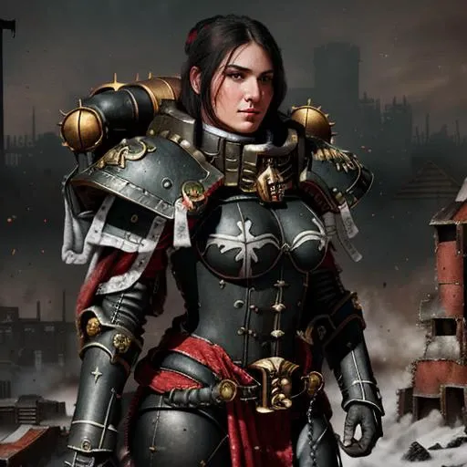 warhammer 40k, space marine, armor, adepta sororitas, RAW photo, a close up portrait photo of a 30 year old woman, background is city ruins, (high detailed skin:1.2), 8k uhd, dslr, soft lighting, high quality, film grain, Fujifilm XT3, highly detailed background <lora:warhammer40KSistersOf_2Rank8:1>