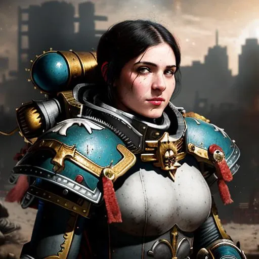 warhammer 40k, space marine, armor, adepta sororitas, RAW photo, a close up portrait photo of a 30 year old woman, background is city ruins, (high detailed skin:1.2), 8k uhd, dslr, soft lighting, high quality, film grain, Fujifilm XT3, highly detailed background <lora:warhammer40KSistersOf_2Rank8:1>