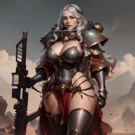 ((masterpiece, best quality)), huge resolution, sister of battle, white hair styled in loose waves, (warhammer 40k:1.1), (black power armor:1.1), purity seals, sexual expression, (grimdark style:1.1), red robes, breast enhancements, cleavage focus,