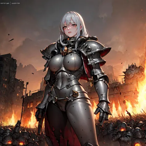(realistic:1.2), masterpiece, ultra detailed, best quality, adepta sororitas, <lora:WH40KSisters_V2rank8:1>, damaged clothes, torn clothes, armor damage, damaged city background, burning background, white hair, extreme detailed pattern, metal armor, knight, warhammer 40k, space marine, black metal armor, broken armor, fit-muscled body, armor has holes, dirty armor, bullet holes, view from below