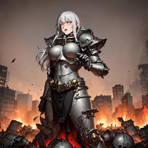 (realistic:1.2), masterpiece, ultra detailed, best quality, adepta sororitas, <lora:WH40KSisters_V2rank8:1>, damaged clothes, torn clothes, armor damage, damaged city background, burning background, white hair, extreme detailed pattern, metal armor, knight, warhammer 40k, space marine, black metal armor, broken armor, fit-muscled body, armor has holes, dirty armor, bullet holes, view from below