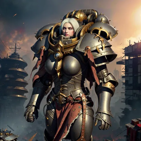 (masterpiece:1.4),(best quality:1.4),(realistic:1.2), artistic, masterpiece, ultra detailed, best quality, adepta sororitas, <lora:WH40KSisters_V2rank8:01>, damaged clothes, torn clothes, armor damage, damaged city background, burning background, white hair, extreme detailed pattern, metal armor, knight, warhammer 40k, space marine, black metal armor, broken armor, fit-muscled body, armor has holes, dirty armor, bullet holes, view from above, battle, army, on one knee, beautiful face,