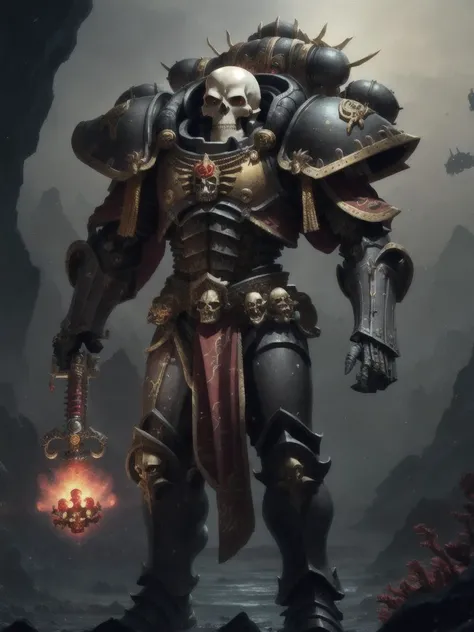 skeleton,warhammer 40k,space marine,intricate ornamented black gold ruby armor,adepta sororitas,dynamic posture,male,Coral reef landscape background,volumetric cinematic lighting,highly detailed skull,<lora:WH40KSisters_V2rank8:0.7>,realistic reflections,