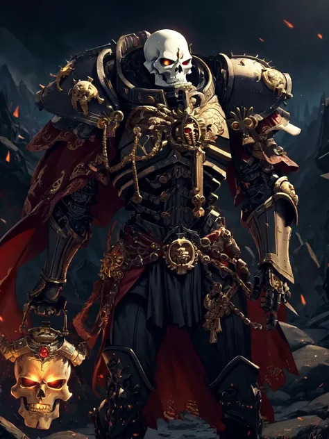 skeleton,warhammer 40k,space marine,intricate ornamented black gold ruby armor,adepta sororitas,dynamic posture,male,Temperate rainforest landscape background,volumetric cinematic lighting,highly detailed skull,<lora:WH40KSisters_V2rank8:0.7>,realistic reflections,