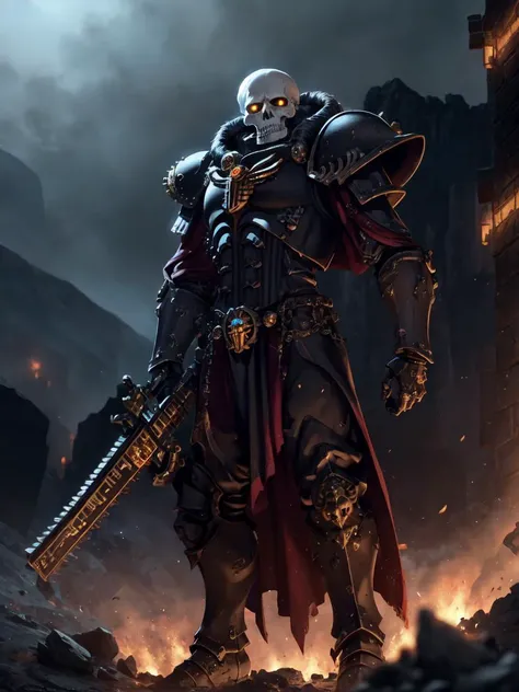 skeleton,warhammer 40k,space marine,intricate ornamented black gold ruby armor,adepta sororitas,dynamic posture,male,Arctic landscape background,volumetric cinematic lighting,highly detailed skull,<lora:WH40KSisters_V2rank8:0.7>,realistic reflections,
