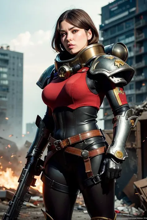 (masterpiece), professional , realistic photo , euro girl , solo ,((A women aiming with boltgun stand in front of the destroyed city )), (Aerial view) , boltgun , warhammer 40K , reflections , haircolor_platinum , hairstyle_bobcut ,dirty woman face , eyes , eyebrows , eyelashes ,parted lips, nose, fingers, Matte Gold Armor, Matte red armor, skull , no mercy , grim , epic battle, cinematic lighting , epic , heroic , hardcore , realistic , war,  ,charming ,grim, serious , science fiction ,<lora:WH40KSisters_V2rank8:0.8><lora:EnglishDollLikeness_v10:0.5>