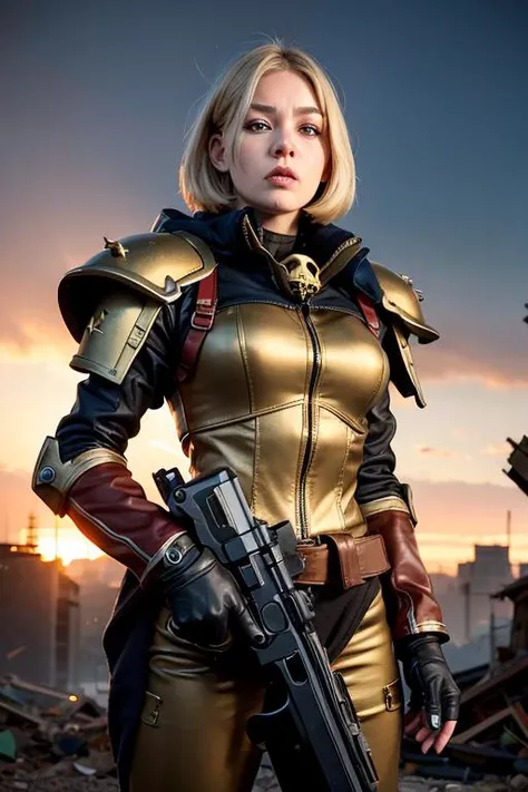 (masterpiece), professional , realistic photo , euro girl , solo ,((A women holding boltgun stand in front of the destroyed city )), (Aerial view) , boltgun , warhammer 40K , reflections , haircolor_blond , hairstyle_bobcut ,dirty woman face , eyes , eyebrows , eyelashes ,parted lips, nose, fingers, Matte Gold Armor, Matte red armor, skull , no mercy , grim , epic battle, cinematic lighting , epic , heroic , hardcore , realistic , war, grim, serious , science fiction ,<lora:WH40KSisters_V2rank8:0.6> dreaming , charming , grim , <lora:EnglishDollLikeness_v10:0.5>