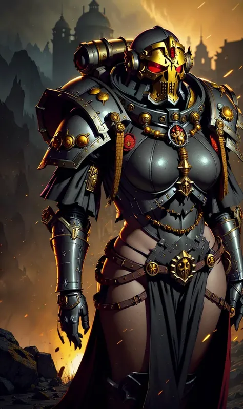druid, warhammer 40k, space marine, intricate ornamented, Dark Gray Bronze Mustard yellow armor, adepta sororitas, dynamic posture, Savanna landscape background, volumetric cinematic lighting, (highly detailed skull:0.8), <lora:WH40KSisters_V2rank8:0.7>, realistic reflections, cinematic composition