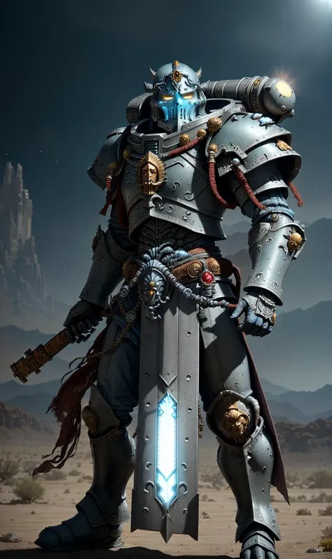 druid, warhammer 40k, space marine, intricate ornamented, Steel Gray Platinum Light blue armor, adepta sororitas, dynamic posture, Hot desert landscape background, volumetric cinematic lighting, (highly detailed skull:0.8), <lora:WH40KSisters_V2rank8:0.7>, realistic reflections, cinematic composition