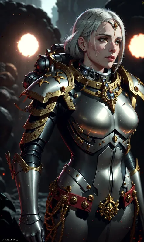 nixie, warhammer 40k, space marine, intricate ornamented, Silver Gray Bronze Cream armor, adepta sororitas, dynamic posture, Jungle landscape background, volumetric cinematic lighting, (highly detailed skull:0.8), <lora:WH40KSisters_V2rank8:0.7>, realistic reflections, cinematic composition