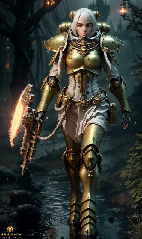 nixie, warhammer 40k, space marine, intricate ornamented, Silver Gray Gold Cream armor, adepta sororitas, dynamic posture, Boreal swamp landscape background, volumetric cinematic lighting, (highly detailed skull:0.8), <lora:WH40KSisters_V2rank8:0.7>, realistic reflections, cinematic composition