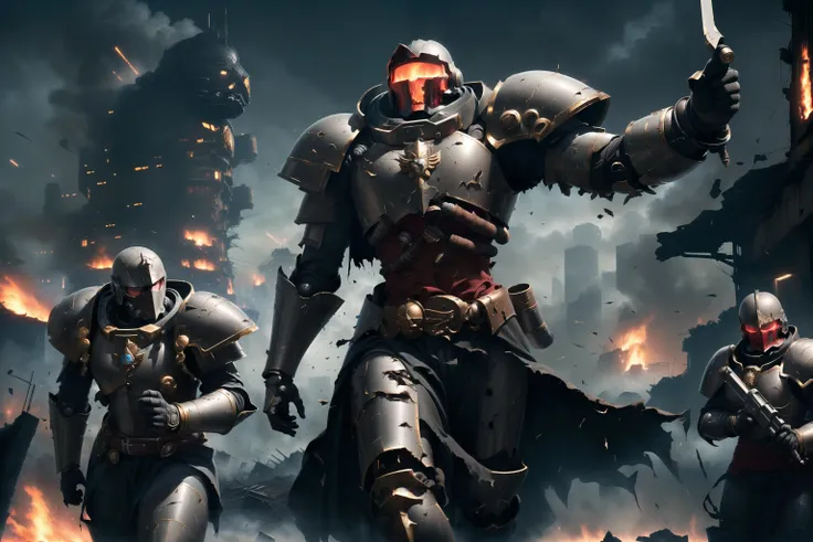 ((best quality)), ((masterpiece)), (detailed, extremely detailed), ((realistic)), sister of battle leading an army, army:1.3, ((adepta sororitas)),  sisters of battle, leading an attack, (damaged city background, burning city, battlefield, destroyed city),(((damaged clothes, torn clothes, armor damage, broken armor, very broken armor, armor missing pieces))), white hair, ((extreme detailed pattern, metal armor, black metal armor)), fit-muscled body, dirty armor, bullet holes, extremely broken armor, female, warhammer, warhammer 40k, (night setting, dark sky), (((futuristic background, futuristic setting))),  green light reflections, rampage, carnage, (futuristic armor, cybernetic parts), defeated demons on the ground, <lora:WH40KSisters_V2rank8:0.5>, <lora:more_details:0.5>,  <lora:FEHDamaged:0.6>