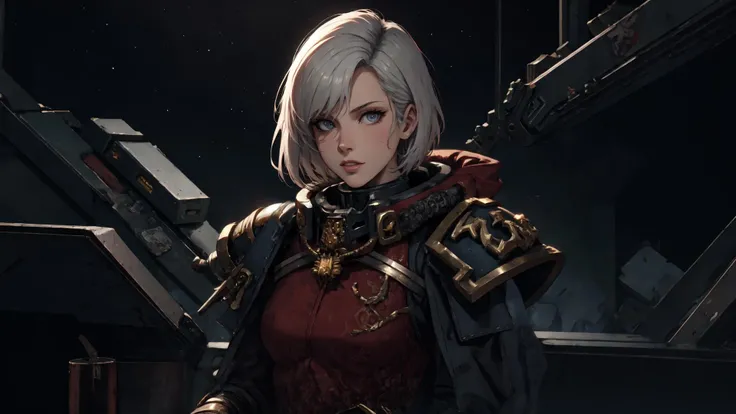 absurdres, [perfect shadows, masterpiece, attentive, high quality, detailed, extremely detailed, 4K, high definition, intricate, cinematic, 8k, ultra quality, 8K UHD,official art, illustration, Warhammer, Warhammer_40k, dark fantasy, 1girl, aged_up, mature female, solo, looks at the viewer, white hair, short hair, <lora:WH40KSisters_V2rank8:1>, warhammer 40k, space marine, armor, adepta sororitas, space background, stars, (upper-body:1.3), <lora:midjourney_20230624181825:0.3>, midjourney, <lora:LowRA:0.5>, night, dark, shadow on face, cinematic scene