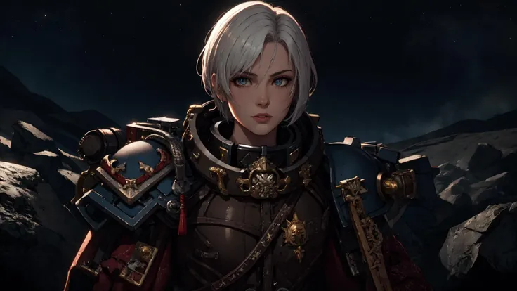 absurdres, [perfect shadows, masterpiece, attentive, high quality, detailed, extremely detailed, 4K, high definition, intricate, cinematic, 8k, ultra quality, 8K UHD,official art, illustration, Warhammer, Warhammer_40k, dark fantasy, 1girl, aged_up, mature female, solo, looks at the viewer, white hair, short hair, <lora:WH40KSisters_V2rank8:1>, warhammer 40k, space marine, armor, adepta sororitas, space background, stars,  (upper-body:1.3), <lora:LowRA:0.4>, night, dark, shadow on face, cinematic scene