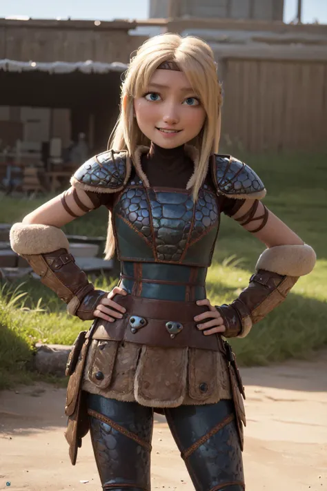(masterpiece, best quality:1.2), <lora:httyd_hofferson-11:0.8>, cowboy shot, solo, 1girl, astrid hofferson, smile, closed mouth, looking at viewer, hand on hip, headband, armor, shoulder armor, pants