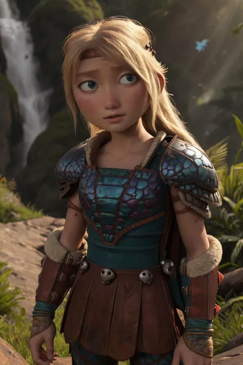 from front AS-Young astrid hofferson headband armor backpack hiking up a jungle mountain trail waterfall butterfly, (masterpiece:1.2) (photorealistic:1.2) (bokeh) (best quality) (detailed skin:1.3) (intricate details) (8k) (HDR) (cinematic lighting) (sharp focus) <lora:httyd_hofferson-11:1>