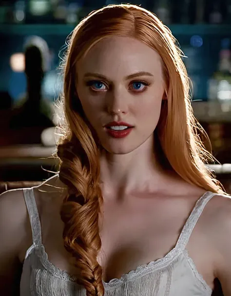 <lora:Jessica Hamby:0.9> deborah ann woll as vampire hunter, white tshirt, braid, medium breasts, background blurry night bar