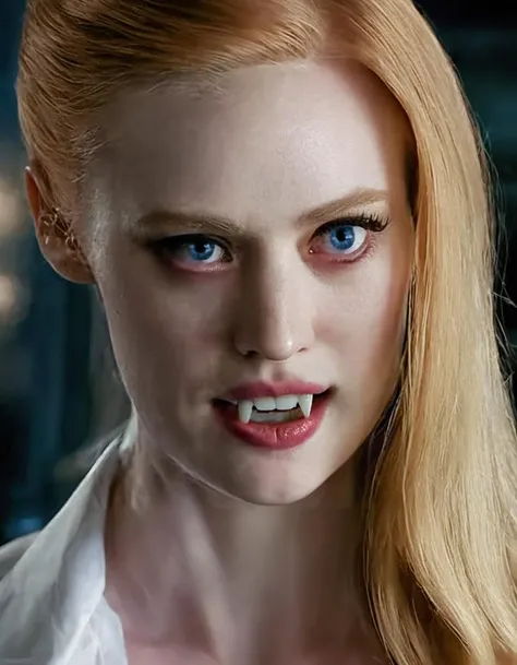 closeup portrait deborah ann woll <lora:Jessica Hamby:0.9> jessica hamby, showing (vampire fangs:1.1) , 1girl, white shirt, mole, parted lips, portrait, realistic, solo