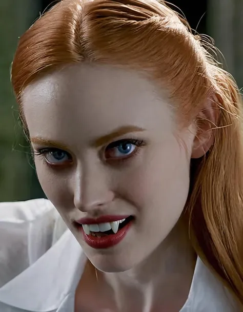 closeup portrait deborah ann woll <lora:Jessica Hamby:0.8> jessica hamby, showing (vampire fangs:1.1) , 1girl, white shirt, mole, parted lips, portrait, realistic, solo