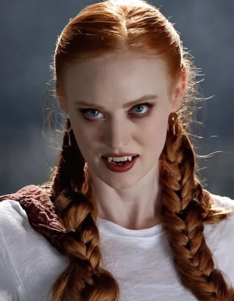 <lora:Jessica Hamby:0.9> deborah ann woll, white tshirt, braid, medium breasts, background bar, vampire fangs