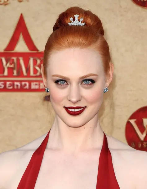<lora:Jessica Hamby:0.8> deborah ann woll, red dress, long hair, lips, upper body, mole, portrait, hair ornament, realistic, fangs, vampire