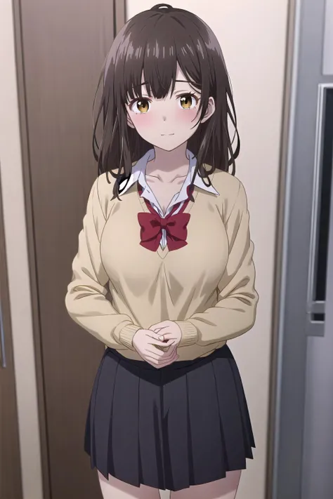 best quality, (masterpiece:1.2), highly detailed, indoors, kitchen,
1girl, solo, <lora:chara_HigeHiro_OgiwaraSayu_v1:0.8>, ogiwara sayu,
looking at the viewer, medium breasts, slight smile, closed mouth, blush, standing,
brown eyes, brown hair, long hair, school uniform, red bow, white shirt, school uniform, collarbone