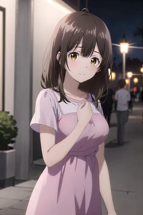 best quality, (masterpiece:1.2), highly detailed, outdoors, night, street,
1girl, solo, <lora:chara_HigeHiro_OgiwaraSayu_v1:0.8>, ogiwara sayu,
looking at the viewer, medium breasts, slight smile, closed mouth,
brown eyes, brown hair, long hair, pink dress, short sleeves