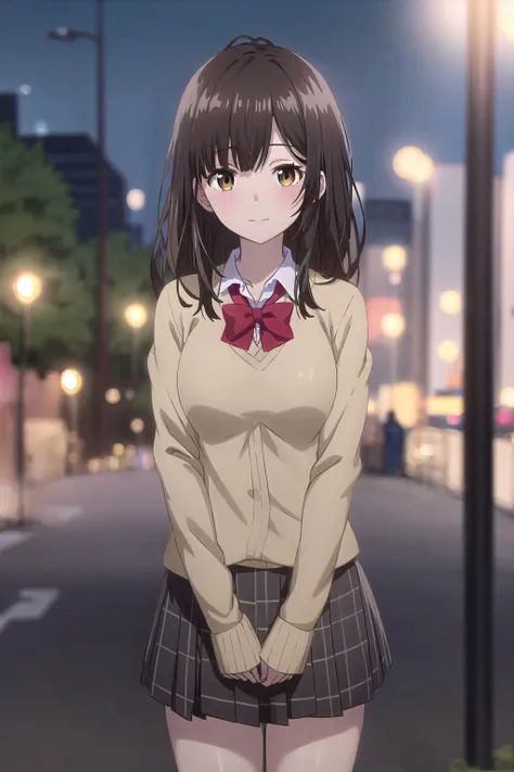 best quality, (masterpiece:1.2), highly detailed, outdoors, park, city, night,
1girl, solo, <lora:chara_HigeHiro_OgiwaraSayu_v1:0.8>, ogiwara sayu,
looking at the viewer, medium breasts, slight smile, closed mouth, (standing:1.2),
brown eyes, brown hair, long hair, school outfit