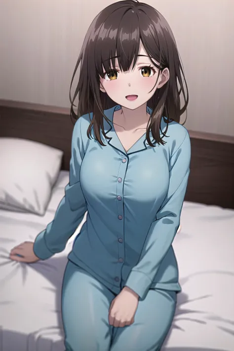 best quality, (masterpiece:1.2), highly detailed, indoors, bed, table,
1girl, solo, <lora:chara_HigeHiro_OgiwaraSayu_v1:0.8>, ogiwara sayu,
looking at the viewer, medium breasts, slight smile, open mouth,
eyes, brown hair, long hair, pajamas, long sleeves, blue pants, sitting