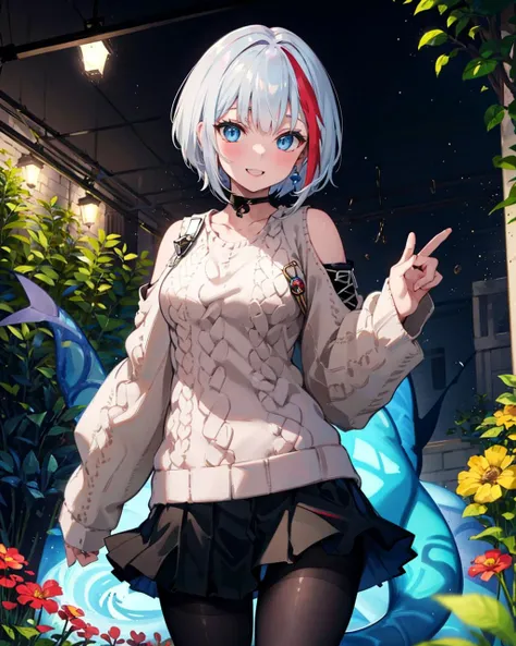 1girl,solo,medium breasts, speedaily,aran sweater,(black_skirt),(black pantyhose),light smile,shark tail, <lora:Spee2in1V1:0.9>,outdoors,garden, masterpiece,short hair,
