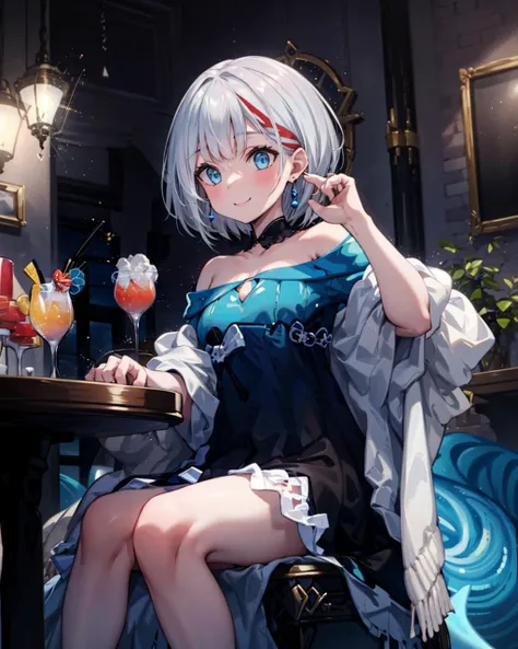 1girl,solo,medium breasts, speeanniversary,off-shoulder dress,shawl,
sitting,light smile,shark tail, <lora:Spee2in1V1:0.9>,indoors,bedroom,holding_glass, cocktail glass,