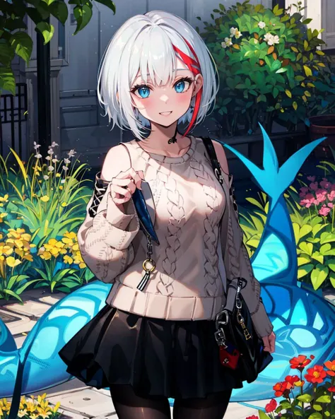 1girl,solo,medium breasts, speedaily,aran sweater,(black_skirt),(black pantyhose),light smile,shark tail, <lora:Spee2in1V1:0.9>,outdoors,garden, masterpiece,short hair,