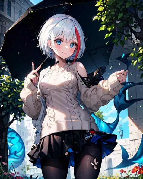 1girl,solo,medium breasts, speedaily,aran sweater,(black_skirt),(black pantyhose),light smile,shark tail, <lora:Spee2in1V1:0.9>,outdoors,garden, masterpiece,short hair,