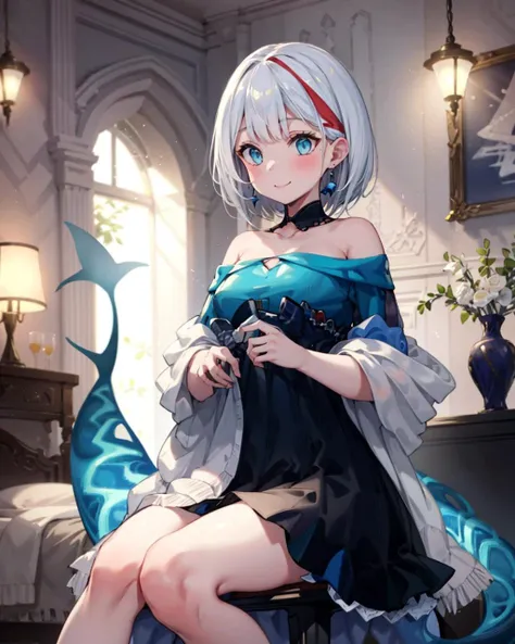 1girl,solo,medium breasts, speeanniversary,off-shoulder dress,shawl,
sitting,light smile,shark tail, <lora:Spee2in1V1:0.9>,indoors,bedroom,hand on lap,