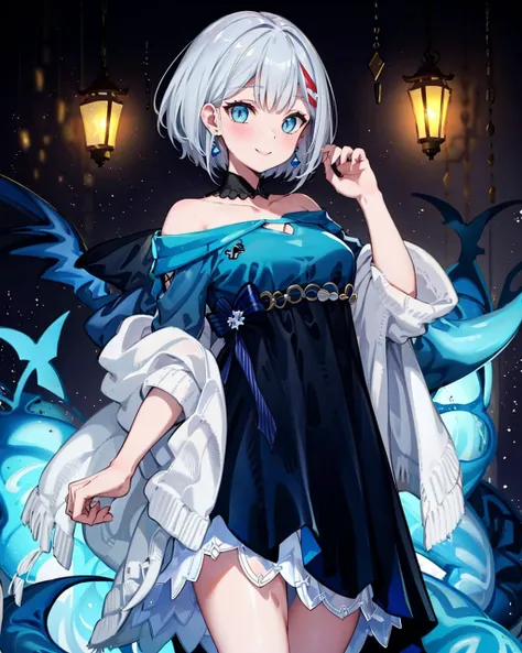 1girl,solo,medium breasts, speeanniversary,off-shoulder dress,shawl,light smile,shark tail, <lora:Spee2in1V1:0.9>,hall,lantern, masterpiece,