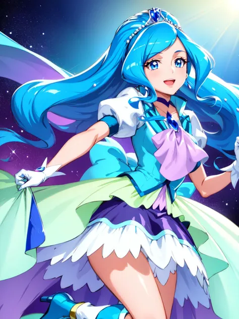 masterpiece, best quality, looking at viewer, depth of field, standing, open mouth,
1girl, <lora:locon_cure_fontaine_01:0.9>, cure fontaine, tiara, white gloves, ascot, brooch, vest, choker, blue boots,
smile, ((gradient background)), lens flare,