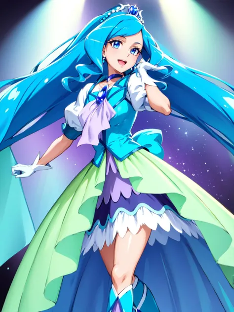 masterpiece, best quality, looking at viewer, depth of field, standing, open mouth,
1girl, <lora:locon_cure_fontaine_01:0.9>, cure fontaine, tiara, white gloves, ascot, brooch, vest, choker, blue boots,
smile, ((gradient background)), lens flare,