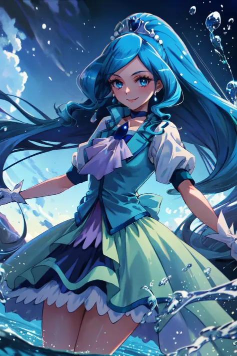 masterpiece,best quality,1girl,cure fontaine,blue hair,very long hair,blue eyes,tiara,white gloves,ascot,brooch,vest,choker,long dress,bare arms,smile,day,floating water drop,cowboy shot,dutch angle,<lora:locon_cure_fontaine_01:0.9>,
