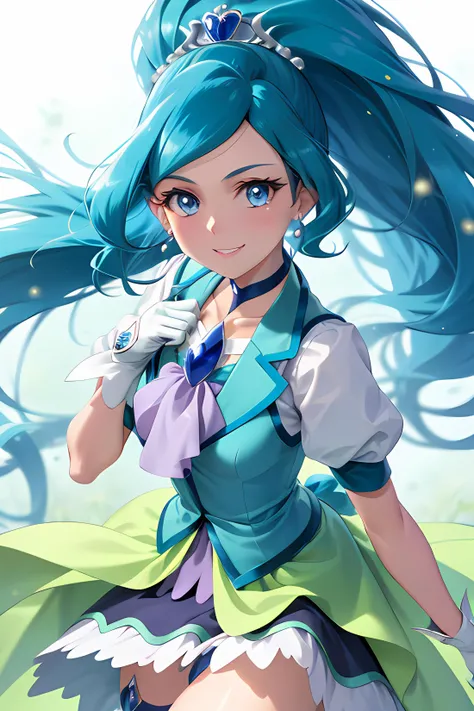 full_eyes masterpiece, best quality, realistic, long hair, blue hair, (split ponytail), blue eyes, tiara, heart hair ornament, earrings, choker, brooch, cure fontaine costume, white gloves, ascot, vest, layered skirt, blue boots, knee boots, standing, cowboy shot, portrait, parted lips, cute, smile, free hand, motion blur, looking at viewer,