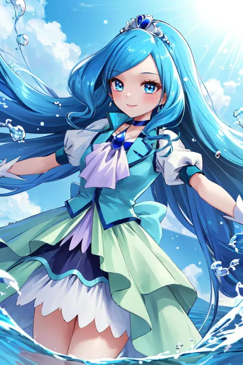 masterpiece,best quality,1girl,cure fontaine,blue hair,very long hair,blue eyes,tiara,white gloves,ascot,brooch,vest,choker,long dress,smile,spread arms,casting spell,(floating water drop),blue sky,day,sunlight,cowboy shot,dutch angle,<lora:locon_cure_fontaine_01:0.9>,<lora:Concept-control tool-add_detail-CyberAIchemist:0.8>,