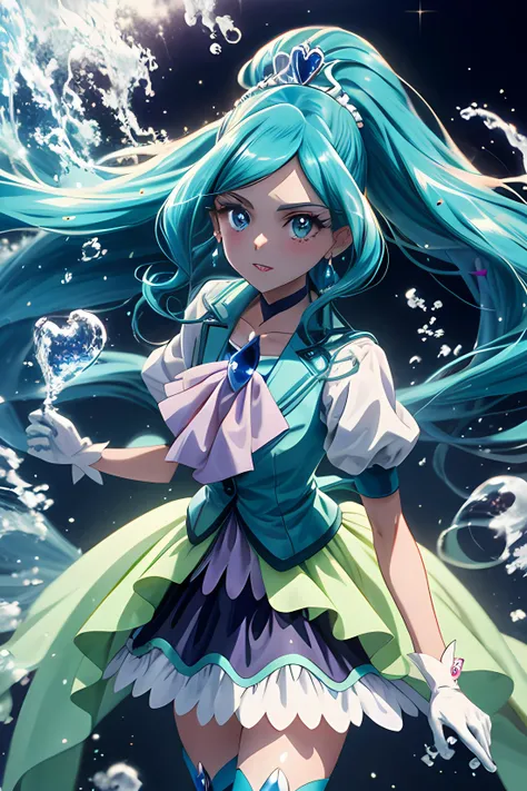 masterpiece,best quality, long hair, blue hair, split ponytail, blue eyes, tiara, heart hair ornament, earrings, choker, brooch, cure fontaine costume, white gloves, ascot, vest, layered skirt, blue boots, knee boots, water weave, standing, cowboy shot, portrait, parted lips, anime screencap, anime coloring, cute,