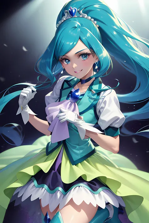 full_eyes masterpiece, best quality, realistic, long hair, blue hair, (split ponytail), blue eyes, tiara, heart hair ornament, earrings, choker, brooch, cure fontaine costume, white gloves, ascot, vest, layered skirt, blue boots, knee boots, standing, cowboy shot, portrait, parted lips, cute, smile, free hands,
