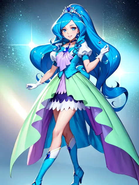 masterpiece, best quality, looking at viewer, depth of field, standing, full body,
1girl, <lora:locon_cure_fontaine_01:0.9>, cure fontaine, tiara, white gloves, ascot, brooch, vest, choker, blue boots,
smile, ((gradient background)), lens flare,